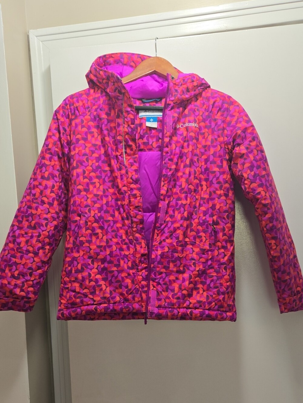 Columbia Girls' Pink & Purple Geo-Print Hooded Puffer Jacket